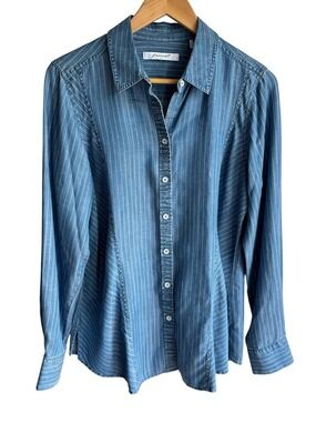 Foxcroft Tencel Striped Button Down Shirt Sz 6 Blue Lightweight Denim Top Casual